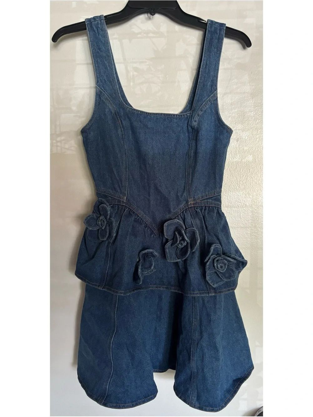 Vici Denim Rose Peplum Rosette Mini Denim Dress In Medium Wash Size Xs ~ Nwt — image 6 of 8